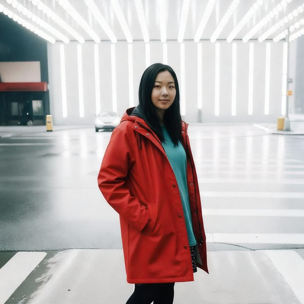 Woman in a red Ember & Earth raincoat in a bright white hall