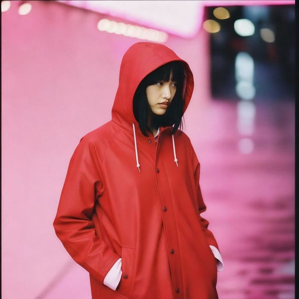 Woman in a red Ember & Earth raincoat with the hood up under pink neon light