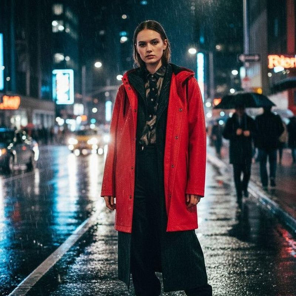 Woman in a red Ember & Earth raincoat on a rainy city street at night