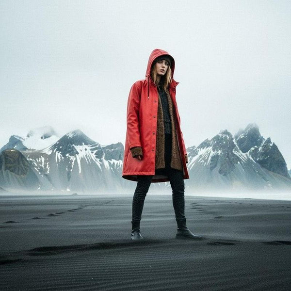 Woman in a red Ember & Earth raincoat in front of snowy mountains