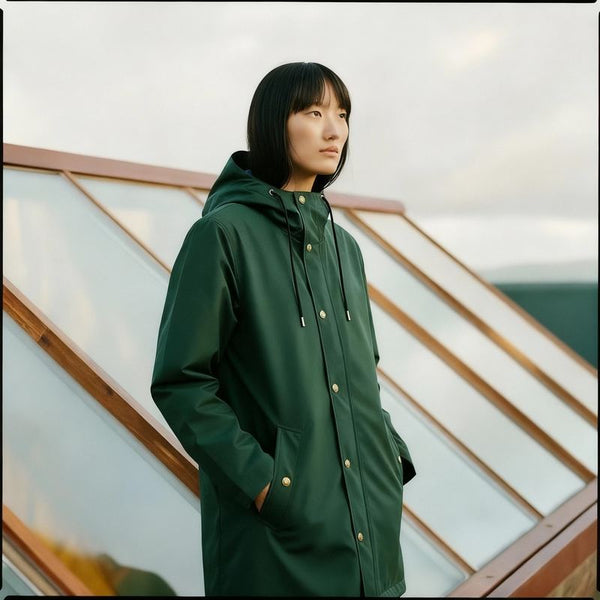 Woman in a green Ember & Earth raincoat beside a glass roof