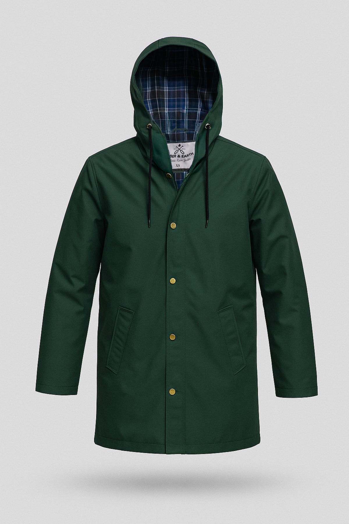 Spruce Green | The Forager waterproof rain jacket by Ember & Earth, front view with hood